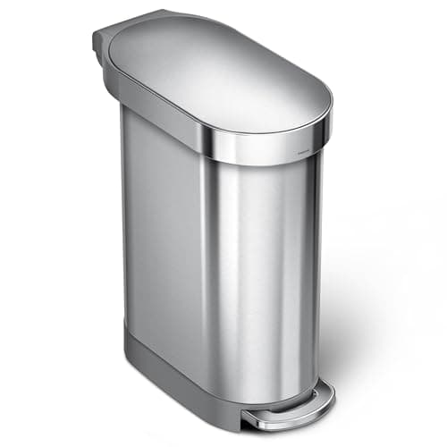 Image of simplehuman CW2044 45L Slim Kitchen Pedal Bin, Silent Soft Close Lid, Strong Steel Pedal, Fingerprint-Proof, Brushed Stainless Steel, W 25.9cm x H 62.1cm x D 54.5cm