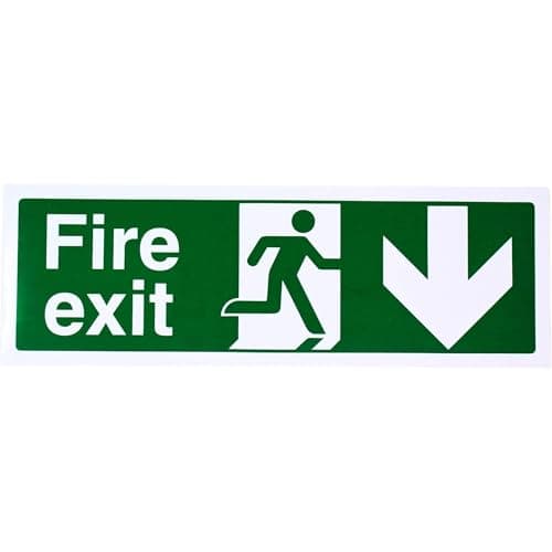 Image of V Safety Fire Exit Arrow Down Sign - Landscape - Green - 450 mm x 150 mm - Self Adhesive Vinyl
