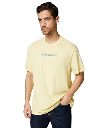Image of Calvin Klein Men's Short Sleeve Glitched Logo Classic Cotton T-Shirt, Yellow (Sunlight), M