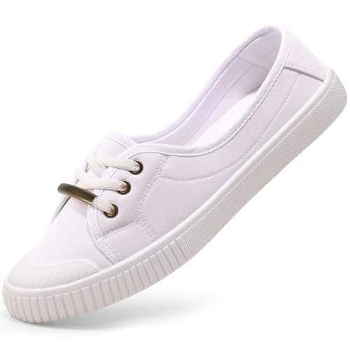 Image of Harvest Land Womens Canvas Shoes Low Top Flat Gym Sports Pumps Trainers Lace Up Flat Ladies Girls Fashion Pumps White UK 6.5