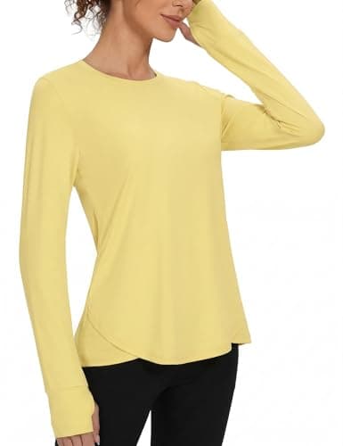 Image of Gyabnw Gym Tops Women Sports Yoga Running Top Crew Neck Quick Dry Fitness T-Shirt for Ladies Yellow