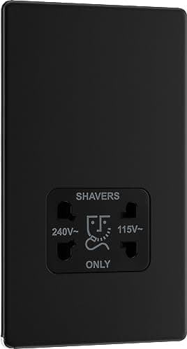 Image of BG Electrical Dual Voltage Shaver Plug Socket, Electric Toothbrush Charger Socket for Bathrooms, Screwless Front Plate, Premium Flatplate, 2-Pin, Matt Black, 115V / 240V, FFB20