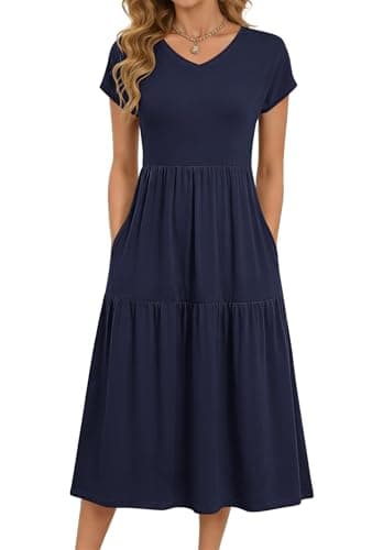 Image of PLOKNRD Women's Summer Midi Dress - Casual Short Sleeve V Neck Tiered Dresses with Pockets(Navy Blue,L)
