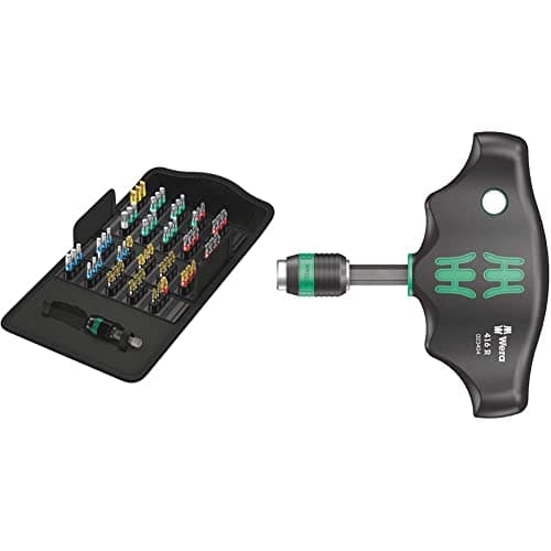Image of Wera Bit-Safe 61 BiTorsion 1 Comprehensive Torsion Bits and Holder Set in Pouch (for Drill/Drivers) 61 Piece, 05057441001 & 416 R T-Handle Bitholding Screwdriver Rapidaptor, 1/4" x 45 mm, 05023404001