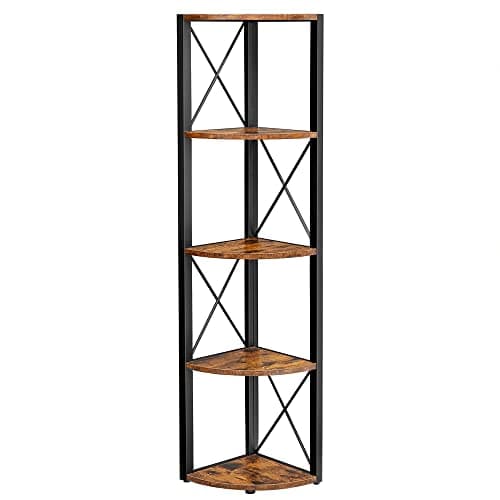 Image of VASAGLE 5-Tier Corner Shelf, Storage Shelf Unit Multifunction, Bookcase, Plant Stand, for Living Room, Bathroom, Kitchen, Bedroom, Office, Easy to Assemble, Industrial, Rustic Brown and Black