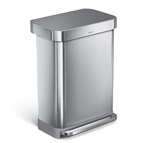 Image of simplehuman CW2086 55L Rectangular Kitchen Pedal Bin with Liner Pocket, Silent Soft Close Lid, Strong Wide Pedal, Dent-Proof Plastic Lid, Brushed Stainless Steel with Grey Plastic Lid