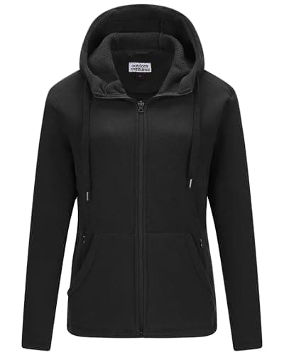 Image of Outdoor Ventures Womens Fleece Jackets with Hood Ladies Warm Full Zip Coat With 6 Large Pockets Long Sleeve Casual Sweater Soft Outerwear Jacket for Hiking Walking Travelling Sport Black XL