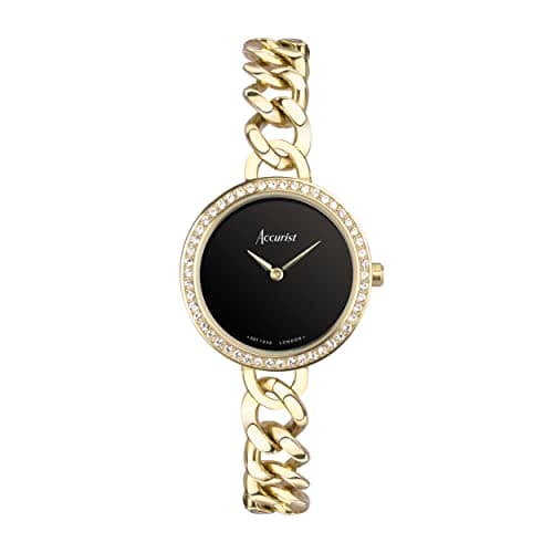 Image of Accurist Ladies Jewellery 28mm Quartz Watch in Black with Analogue Display, and Gold Stainless Steel Bracelet 78006
