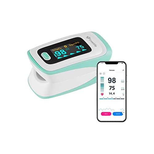 Image of TrueLife Oximeter X5 Bluetooth with App Pulse oximeter for measuring blood hemoglobin oxygen saturation, heart rate, and perfusion index, 6 display modes, audible alert, case and strap included