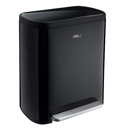 Image of Cooks Professional Dual Recycle Bin 60L with Single Pedal | 2 x 30L Removable Compartments & Soft Close Lid | Double Section Stainless Steel Kitchen or Office Dustbin for Recycling or Waste | Black