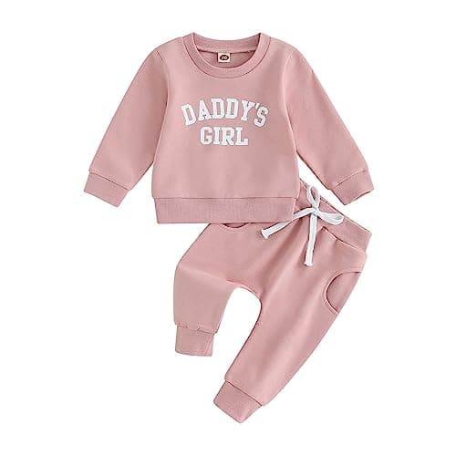 Image of Geagodelia Baby Girl Outfit Daddy's Girl Clothes Set Newborn Toddler Clothing Long Sleeve Top Sweatshirt + Pants Autumn Winter Baby Grows 0-3 Years (Pink, 0-6 Months)