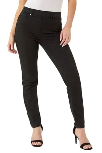 Image of Roman Originals Jeggings for Women UK Jean Ladies Stretchy Trousers Denim Leggings High Waist Rise Pull On Skinny Straight Leg Cotton Pants Smart Casual - Petite Jet Black (28 inch) - Size 10