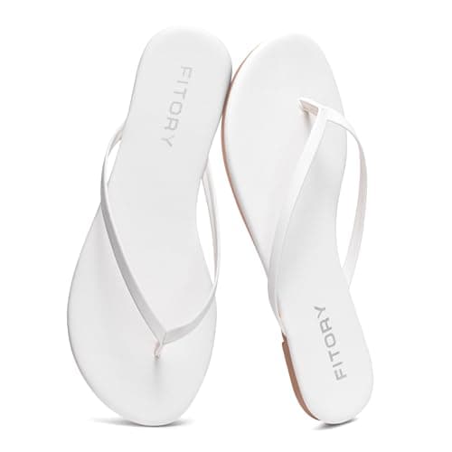 Image of FITORY Women's Leather Flip Flops,Comfortable Open Toe Thong, Ladies Elegant Slim Flats sandals with Gloss Design for Summer Beach Pool,Yoga Sling Footbed Light White UK Size 7