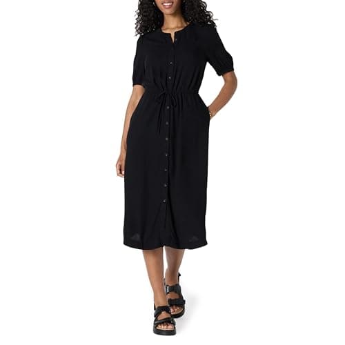 Image of Amazon Essentials Women's Relaxed Fit Half-Sleeve Waisted Midi Shirt Dress, Black, S