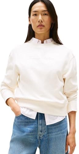 Image of Tommy Hilfiger Women’s Round Neck Lurex Script Sweatshirt, White (Ivory Silk), M