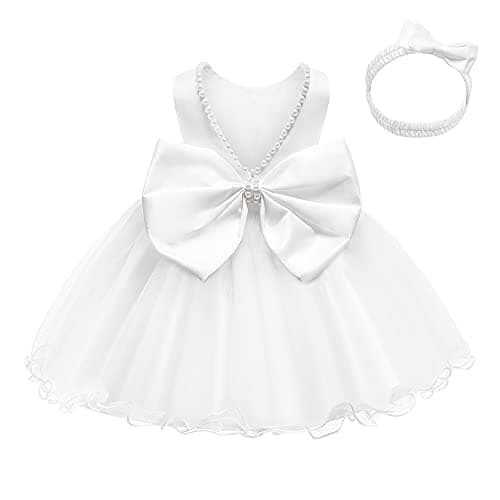 Image of LZH Baby Girls Ruffle Lace Backless with Headwear,Bowknot Flower Dresses Pageant Party Wedding White