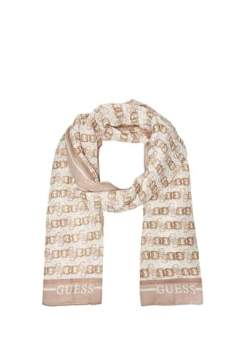 Image of GUESS Ladies Polyester Scarf with Gold Chains and Logo Design, Beige and White, 60 x 180 cm