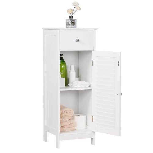 Image of Yaheetech Bathroom Floor Cabinet Slim Wood Cabinet Hallway Storage Unit with Drawer & Shutter Door, 2 Shelves, MDF panels, 32 x 30 x 87 cm, White