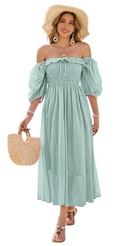 Image of R.Vivimos Women's Polka Dot Slim Fit Half Puff Sleeve Dress Square Neck Cottagecore Long Midi Dress(Medium,Green)