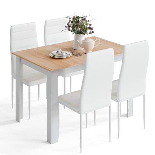 Image of Mondeer Dining Table and Chairs Set 4, Dining Room Sets High Back Faux Leather Chairs, for Kitchen Home Office, 120 x 80 x 75 cm, Oak Table and White Chairs