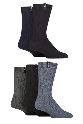 Image of Jeff Banks Men's Wool Boot Socks - Crew Length, Ribbed, Plain, Recycled Wool, Soft, Breathable, Outdoor, Walking, Hiking, Trekking 5 Pairs (UK, Numeric, 7, 11, Regular, Regular, Black/Navy/Grey)