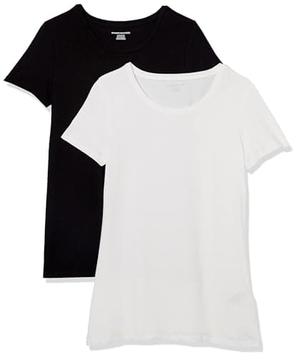 Image of Amazon Essentials Women's Regular-Fit Short-Sleeve T-Shirt (Crewneck and V-Neck Options), Pack of 2, Black/White, L