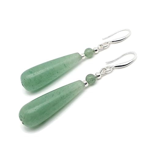 Image of THEPRETTYBITS Green Aventurine Teardrop Earrings, Handmade Beaded Natural Gemstone, Long Dangle Drop, Sterling Silver Hooks, Boho Chic Statement Chakra Crystal