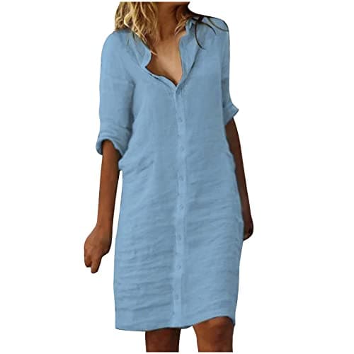 Image of Women's Shirts Dress Cotton and Linen Midi Dresses 3/4 Sleeve Button Down Summer Dress Casual Swing V Neck Dress Solid Loose Tunic Dress Boho Beach Holiday Dress Light Blue