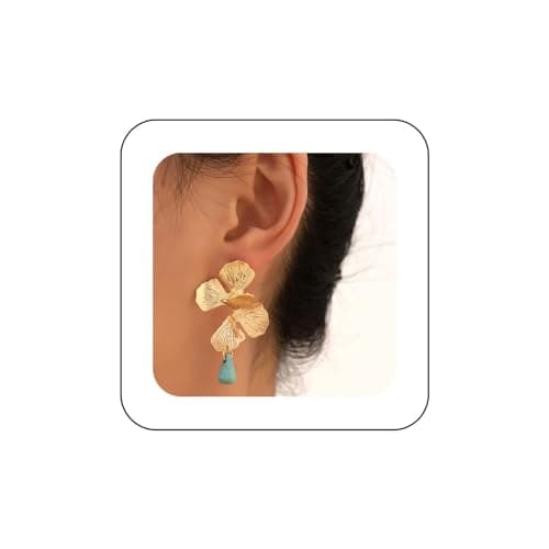 Image of Xduargs Boho Vintage Turquoise Leaf Drop Earrings with Gold Flower and Blue Beads - Jewelry for Women and Girls