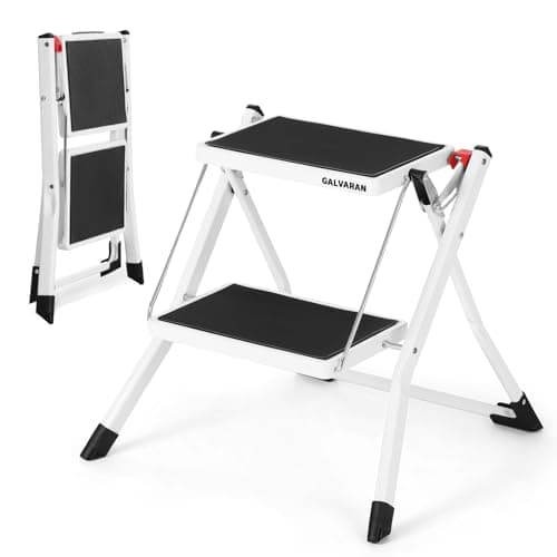 Image of Galvaran 2 Step Ladder Foldable Heavy Duty Step Stool with Anti-Slip Wide Steps and Thickened Foot Caps, Strong Sturdy Steel for Home, Office, Kitchen, Garage, Caravan, 150kg Weight Capacity