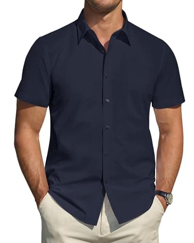 Image of J.VER Mens Shirts Short Sleeve Dress Shirt Stain Shield Regular Fit Summer Business Work Office Casual Smart Wedding Party Iron Free Shirts Navy Blue M