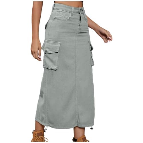Image of Women's Cargo Skirt Y2K Elegant Adjustable Elastic Waist Ladies Palazzo A-Line Skirts with Pockets Classic Streetwear Midi Denim Skirt Casual Summer Long Skirts Office Prom Party Holiday Going Out