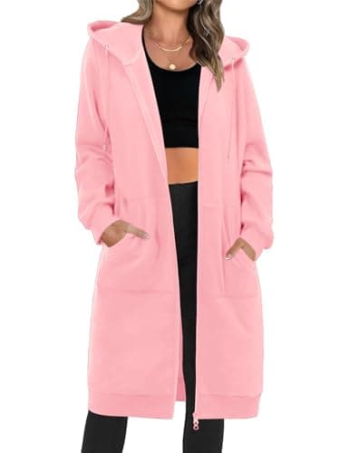Image of Tuopuda Womens Zip Up Long Hoodies Fleece Longline Hoodie Sweatshirts Casual Long Sleeve Zipper Hoodie Loose Hooded Coat Plus Size Jacket with Pockets(Pink,XXL)