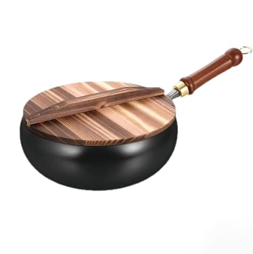 Image of FVPJUXSG Japanese Hand-Forged Iron Pan With Wooden Lid, Non-Stick Without Coating, Uncoated Wok For Induction Cooker, Gas Stove, Stir Fry & Daily Cooking(Size:28cm/11in+glass cover)