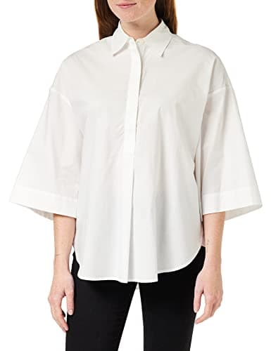 Image of French Connection Women's Rhodes Sustainable Poplin Short Sleeve Popover Button Down Shirt, Linen White, L