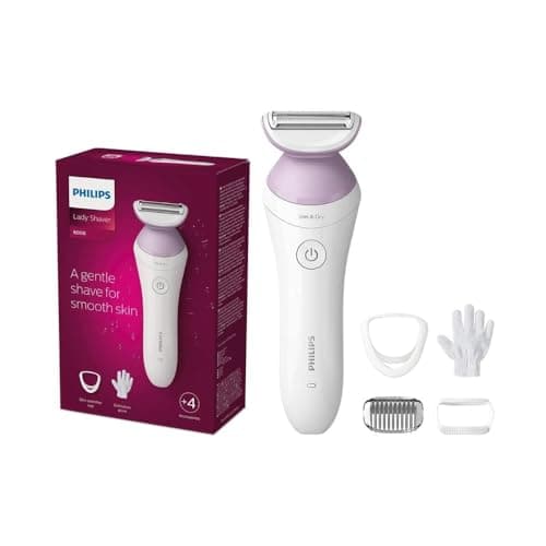 Image of Philips Lady Shaver Series 6000 — cordless wet and dry shaver with 4 accessories, body scrub glove, comb attachment (model BRL136/00)