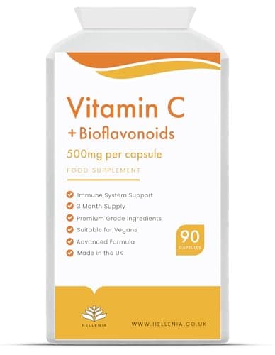Image of Vitamin C + Bioflavonoids Capsules - 90 Premium Vegan Capsules | Support for a Healthy Immune System | High Strength Ascorbic Acid with Added Bioflavonoids – Made in The UK by Hellenia