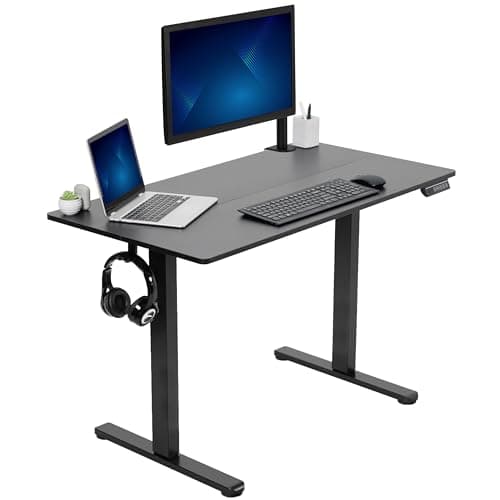 Image of VIVO Electric Height Adjustable 112 x 61 cm Stand Up Desk, Standing Workstation with Memory Controller, Black Top, Black Frame, DESK-E144B