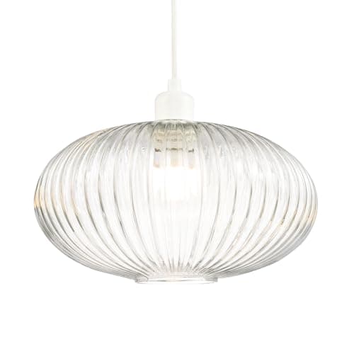 Image of Modern Designer Clear Transparent Line Ribbed Glass Oval Pendant Lamp Shade | 30cm x 17cm | for Kitchen Island Living Room Bedroom Dining Room etc by Happy Homewares