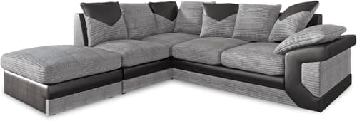 Image of Large Dino Corner Sofa - Fire Resistant L Shaped Sofa - Foam Filled Couch Set With Footstool - Jumbo Cord Leather Fabric Chaise Sofas for Living Room Lounge (grey, Left Hand)