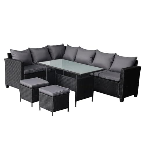 Image of Panana 8 Seater Rattan Garden Furniture Corner Dining Set, Outdoor Sofa Set with Dining Table, 2 Stools, Cushions, Free Cover for Patio & Conservatory (Black Wicker with Grey Cushions)