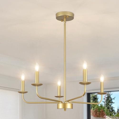 Image of QAREHL Gold Chandeliers Ceiling Light 5 Lights Pendant Lighting Ceiling, Modern Gold Light Fitting for Living Room, Dining Room, Kitchen, Bedroom, Hallway