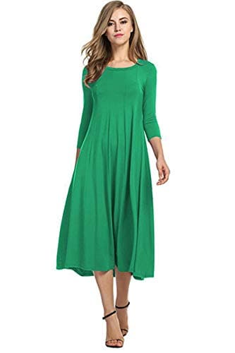 Image of Casual Women's Loose Long Dress Plain Pleated Short Sleeve Midi Dresse (Green,L,L,Regular,Regular)