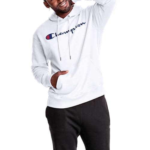 Image of Champion Men's, Powerblend, Fleece Hoodie, Comfortable Sweatshirt, Script Logo (Reg. Or Big & Tall) Hooded, White, XL
