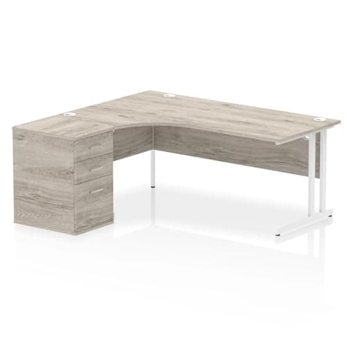 Image of Mr Office Impulse Left Crescent Desk, White Cantilever Leg Workstation - with 600mm pedestal, Grey oak, 1800
