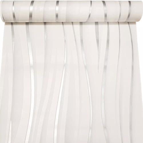 Image of SOPHIE LAURENCE White & Silver Wave Textured Effect Wallpaper – Quality Paper, Washable, 5.3sqm Coverage, 0.53m x 10.05m Roll, Modern Metallic Finish for Any Room