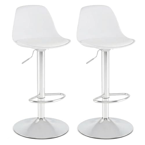 Image of COSTWAY Bar Stools Set of 2, Height Adjustable Swivel Bar Chairs with Faux Leather Seat, Backrest & Footrest, Upholstered Counter High Stools for Home Pub Kitchen Island (White)