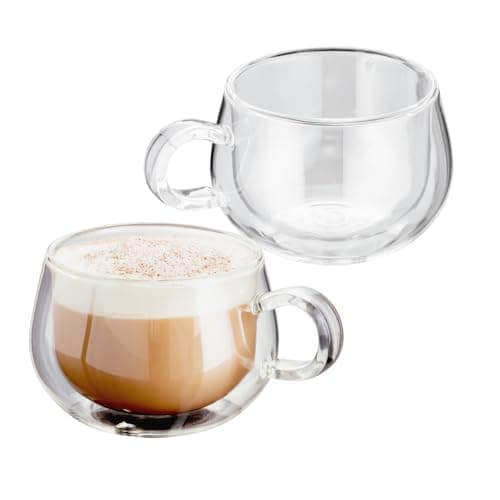 Image of Judge Double Walled Glass Cappuccino Coffee Handled Cups, Set of 2, 225ml - Vacuum Insulated, Handcrafted Artisan - Strong, Heat Resistant