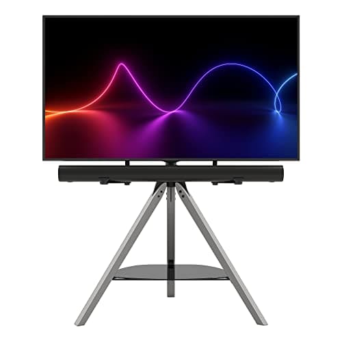 Image of AVF Hoxton TV Floor Stand - With Soundbar Mount Included - Free-standing Tripod TV Unit, Solid Gray Wood Legs, Black Glass Shelf, For TVs 32" to 70"