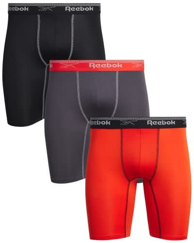 Image of Reebok Men's Compression Long Length Performance Boxer Briefs (3 Pack), Size Small, Black/Orange/grey, Black/Orange/Grey, S